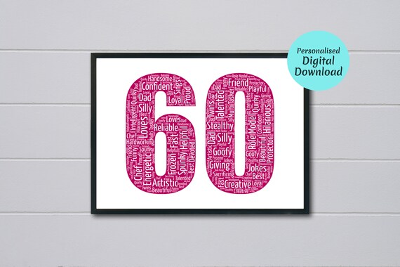 Sixty Number Pink Word Art Birthday Gift Personalised Poster