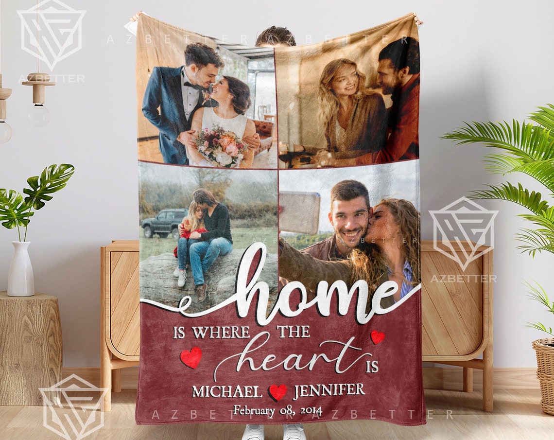 Personalized Couple Blanket Home Is Where The Heart Is Fleecesherpa Blanket Couple Custom Gift For Husband Photo Collage
