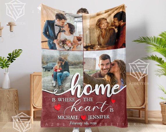 Personalized Couple Blanket Home Is Where The Heart Is Fleecesherpa Blanket Couple Custom Gift For Husband Photo Collage