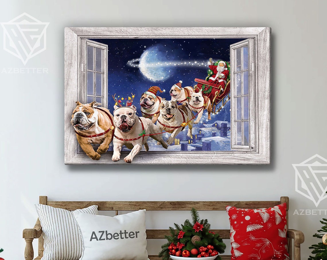 Bulldogs Pulling Santas Sleigh Through Christmas Window View Poster