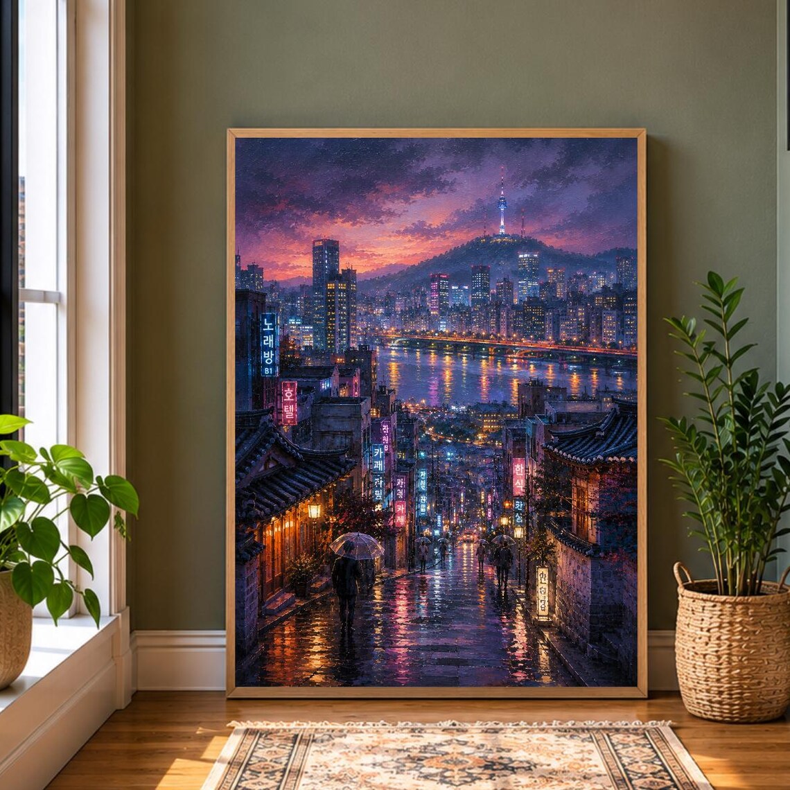 Seoul Night Rainy Street N Seoul Tower Korea Cityscape Poster