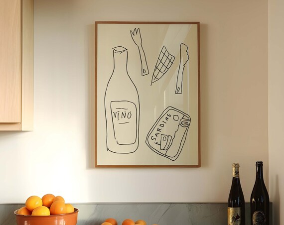 Vino And Sardine Black Line Drawing Wine Dinner Party Art Poster