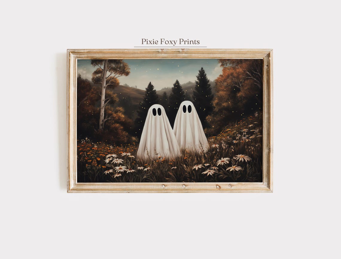 Two Cute Ghosts in Wildflower Meadow Spooky Halloween Wall Art