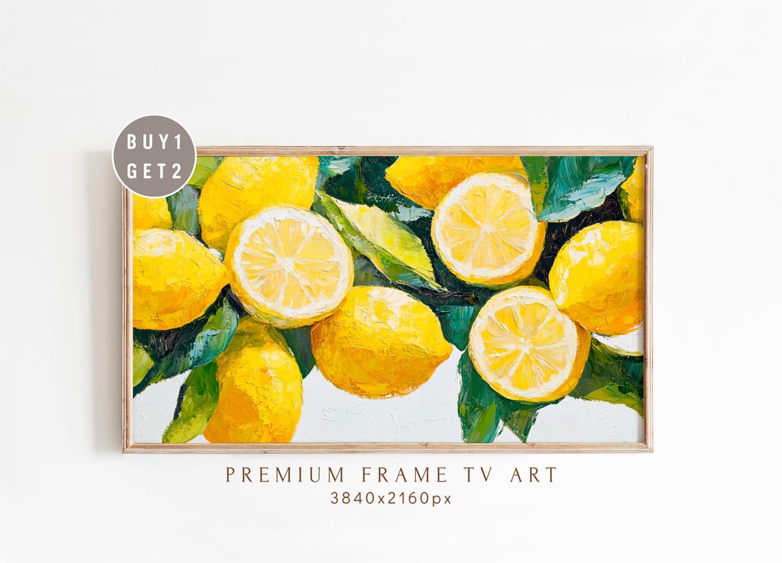 Bright Lemon Citrus Oil Painting Print With Sliced Lemons and Leaves