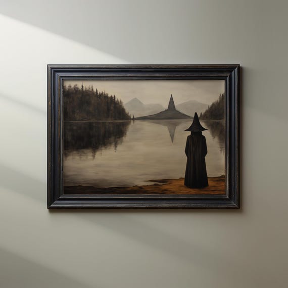 Vintage Halloween Art Witchy Decor Wall Witch Print Rustic Painting Moody
