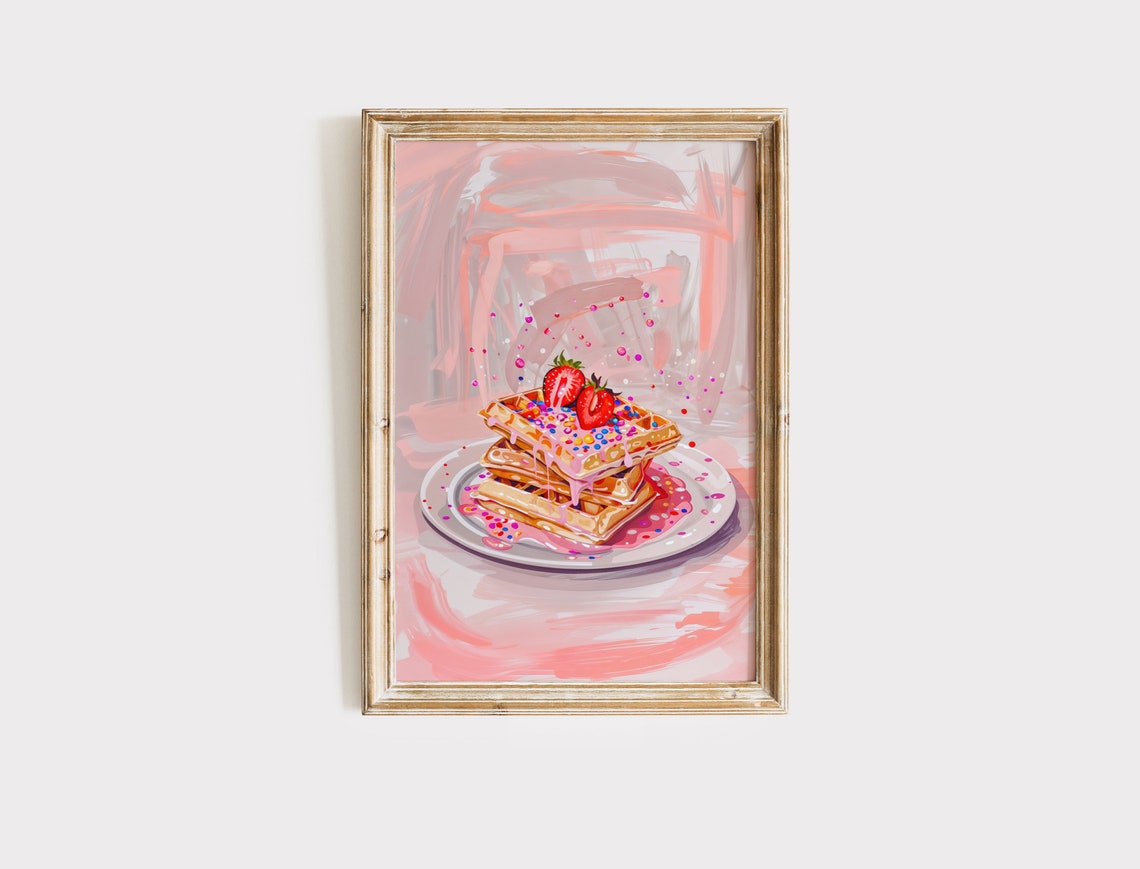 Pink Waffles with Strawberries Retro Food Illustration Art Poster