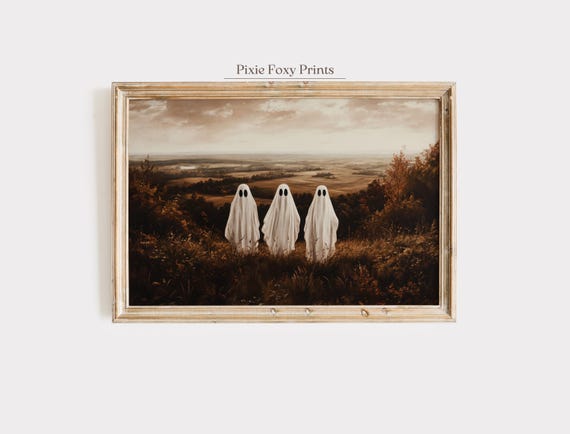 Cute Ghosts In Autumn Countryside Field Rustic Halloween Wall Art Cozy Fall Landscape Home Decor