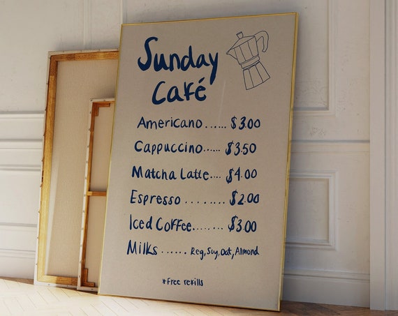 Sunday Cafe Poster Caffe Coffee Sketch Hand Drawn Breakfast Print Lover Moka Pot Retro Drink