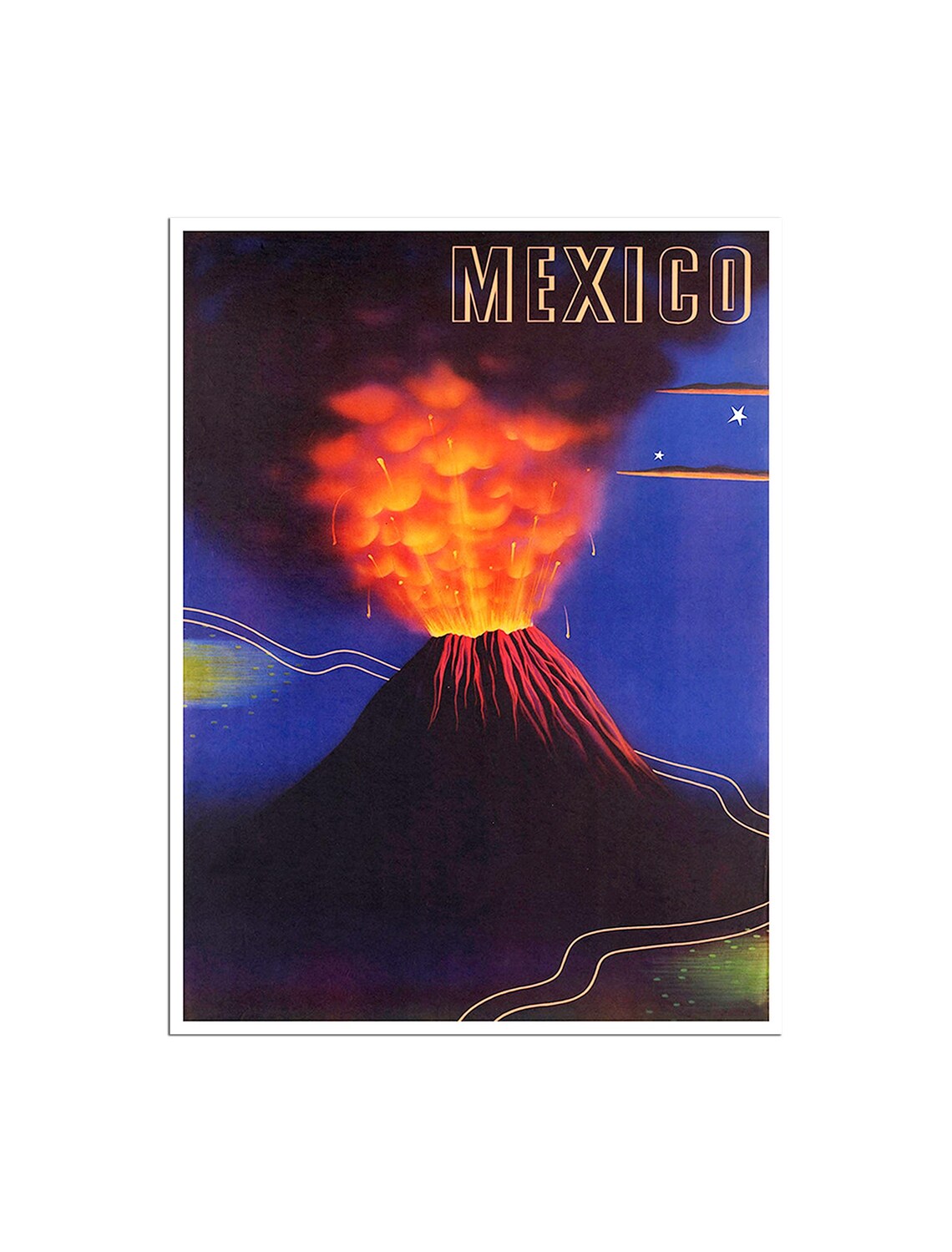 Mexico Paricutin Volcano Night Eruption Vintage Travel Poster