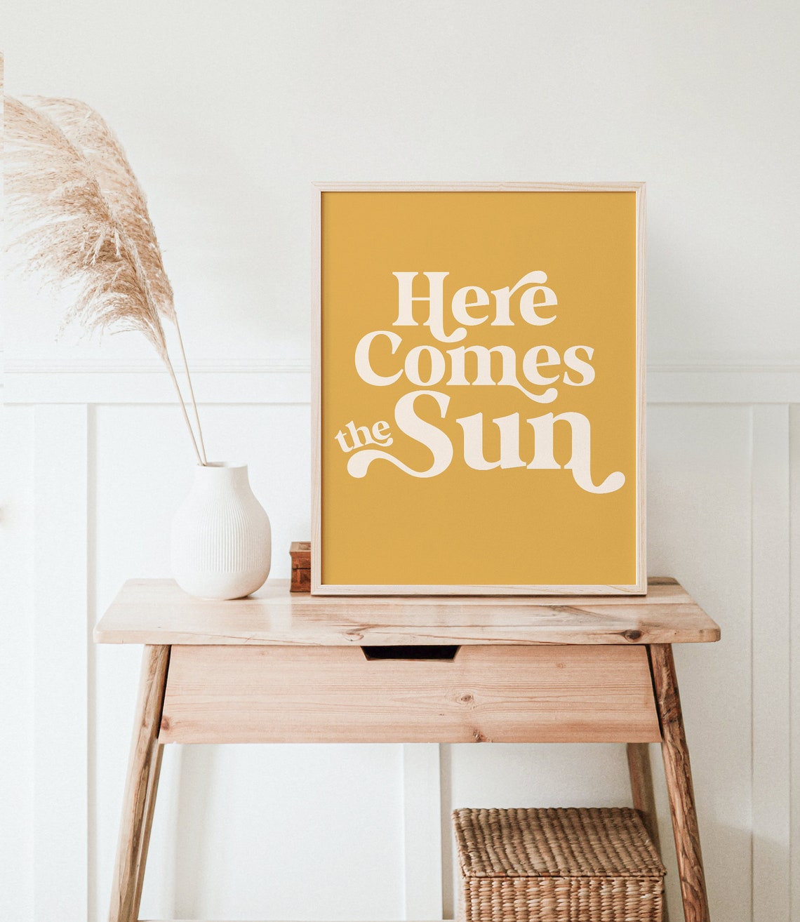 Here Comes the Sun Retro Sunny Mustard Yellow Typography Wall Art - Image 3