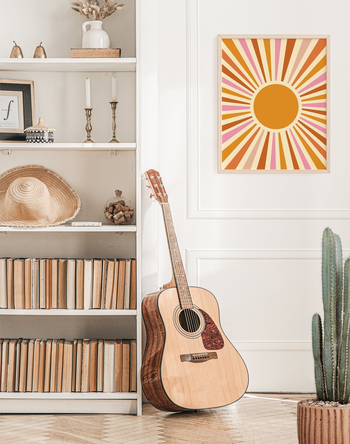 Groovy Retro Sunburst Orange Pink Sun Rays Boho Mid Century Wall Art - Image 2