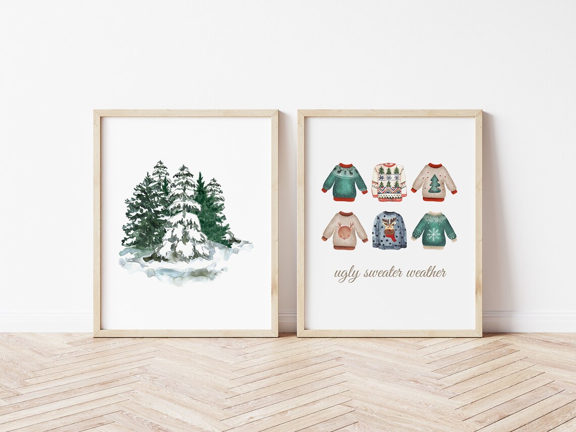 Watercolor Ugly Sweater Weather Print Christmas Sweaters Holiday Art - Image 5