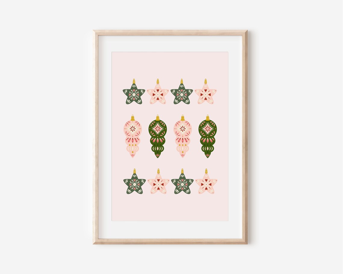 Retro Christmas Ornament Art Print, Pink Green Holiday Decor - Image 5