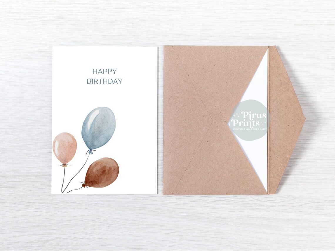 Birthday Card Minimal Watercolor Ballon In Blue And Brown Instant - Image 4