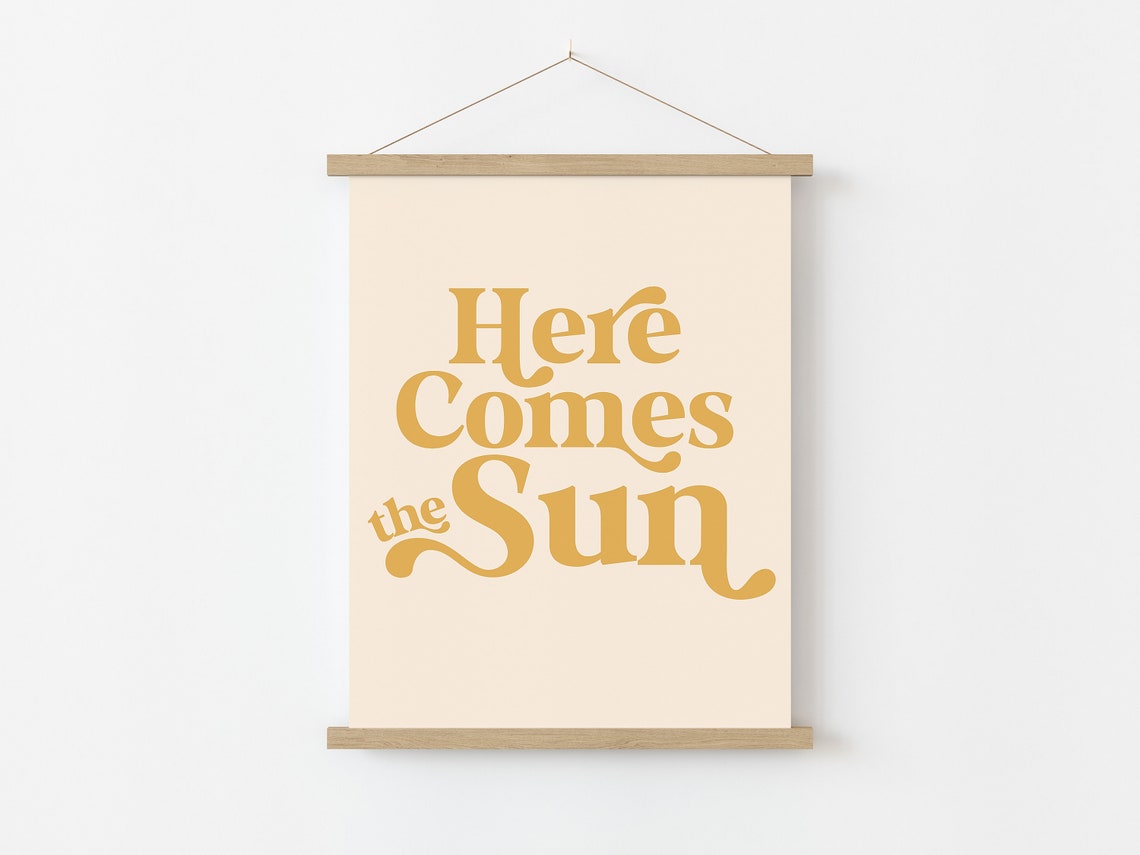 Here Comes The Sun Retro Typography Quote Print Gold Cream Wall Art - Image 4