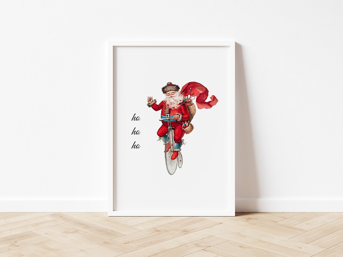 Vintage Santa Riding Penny Farthing Bike Ho Ho Ho Christmas Print - Image 4