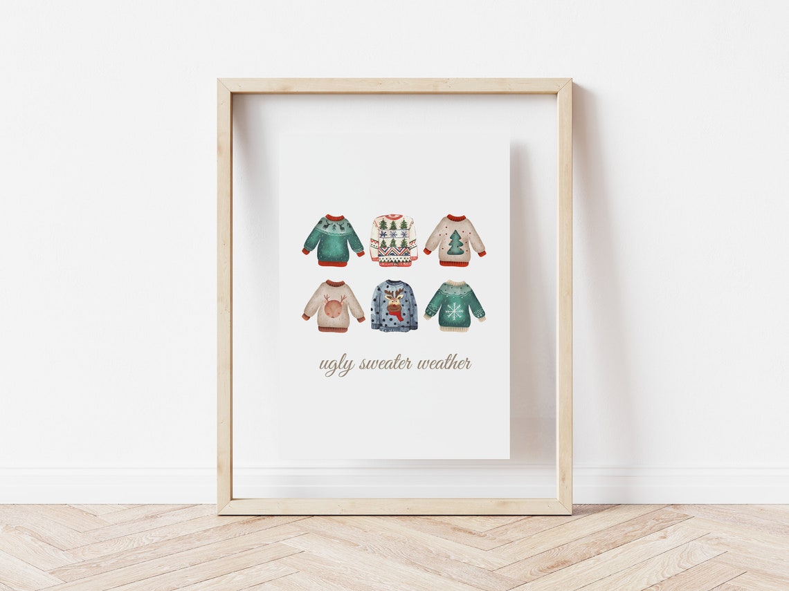 Watercolor Ugly Sweater Weather Print Christmas Sweaters Holiday Art - Image 2
