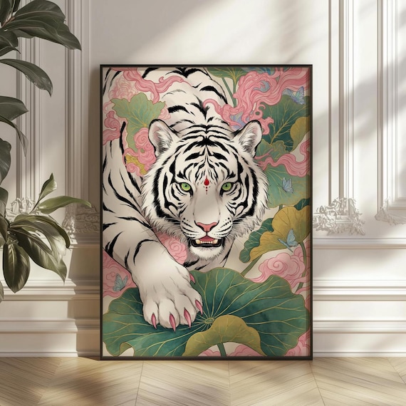White Tiger Lotus Poster Print, Japanese Botanical Zen Decor