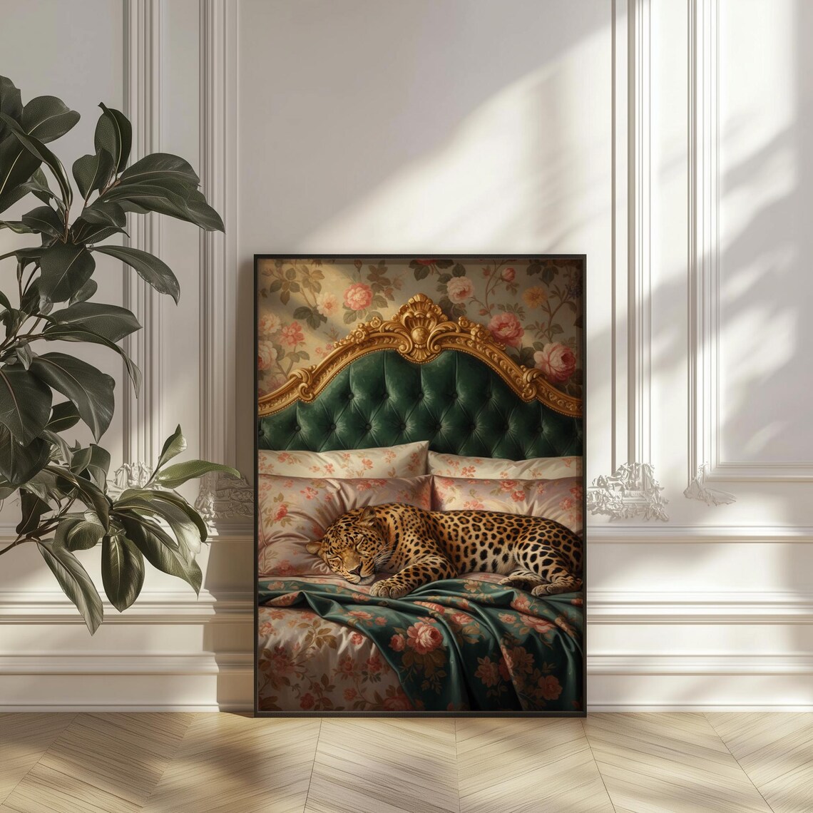Leopard In Vintage Bed Art Print, Maximalist Jungle