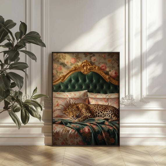 Leopard In Vintage Bed Art Print, Maximalist Jungle