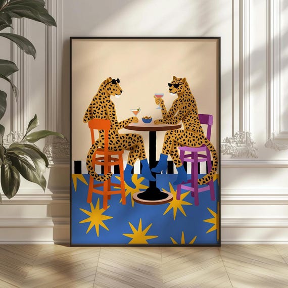 Cheetah Cocktail Party Print Funny Bar Wall Art Retro Whimsical Animal Illustration Eclectic Home Decor Digital Download