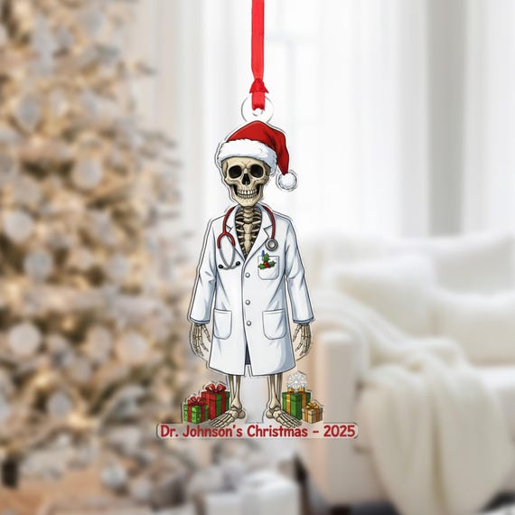 Skeleton Doctor Ornament Funny Christmas Decoration With Lab Coat And Santa Hat