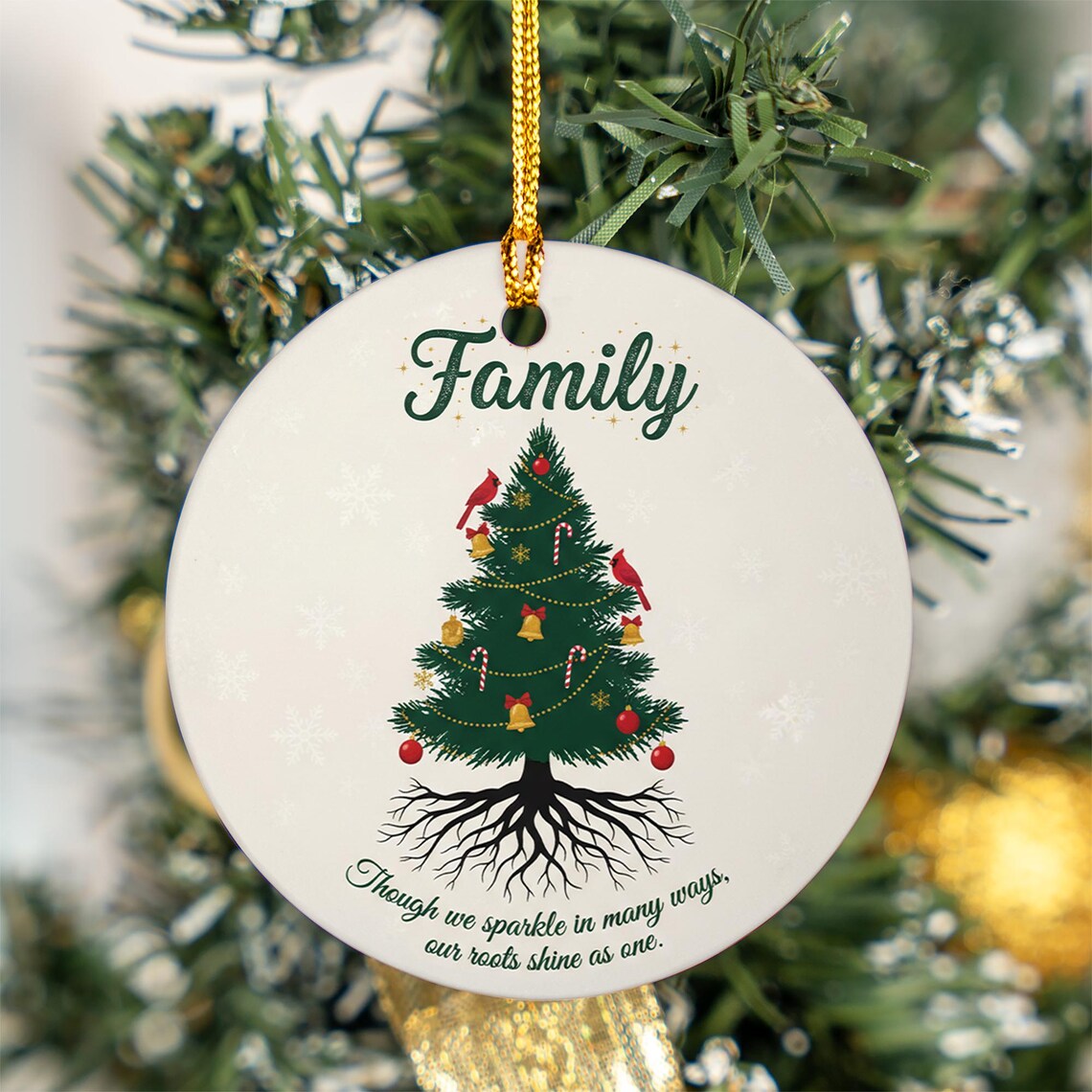 Family Roots Christmas Tree Cardinals Though We Sparkle Quote Poster