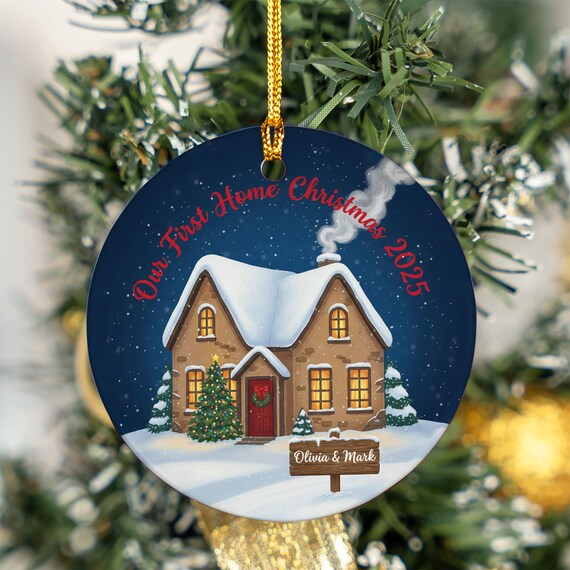 Personalized Our First Home Christmas 2025 Snowy House Ornament Holiday Print