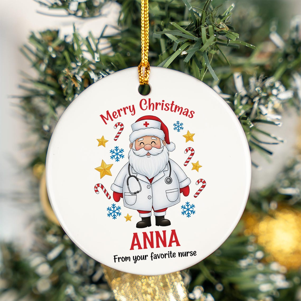 Merry Christmas Nurse Santa Ornament Personalized Anna Medical Print