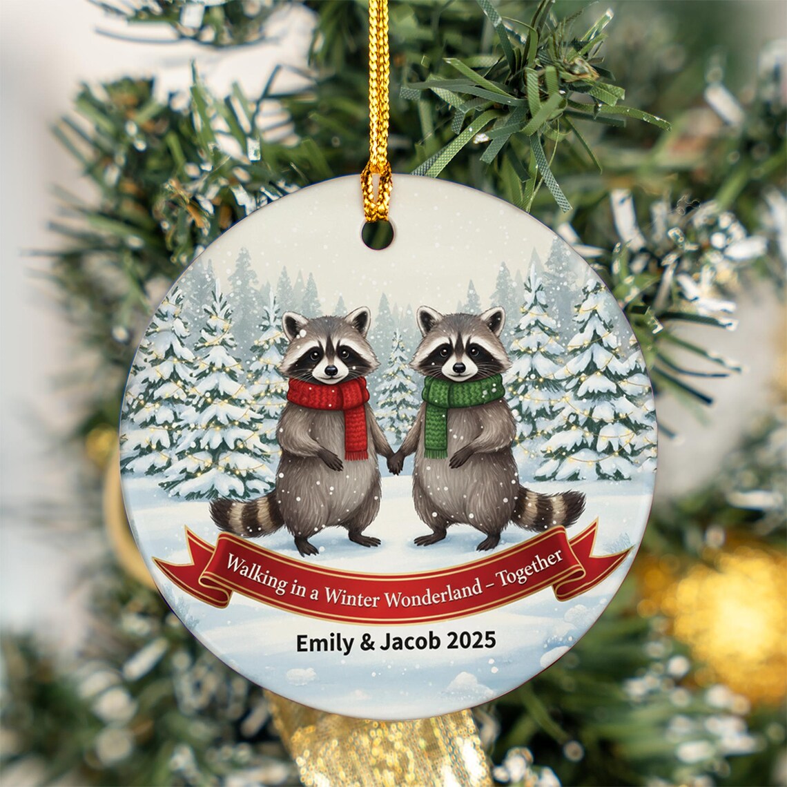 Personalized Raccoon Couple Winter Wonderland Names Year Ornament Holiday Print