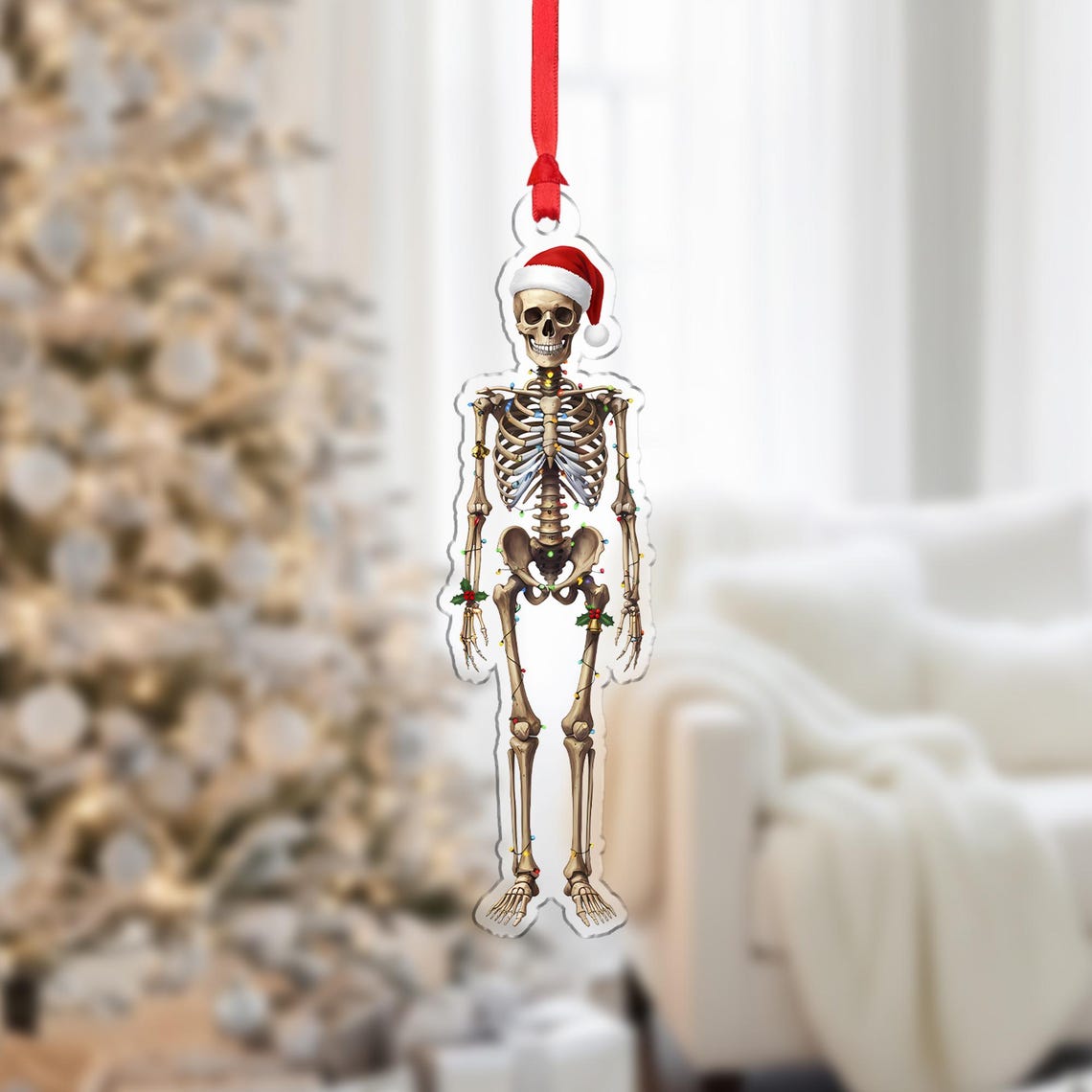 Skeleton Christmas Ornament Fairy Lights Santa Hat Funny Wall Art