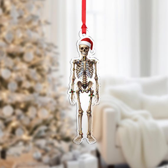 Skeleton Christmas Ornament Funny Anatomy Design With Santa Hat And Holiday Lights