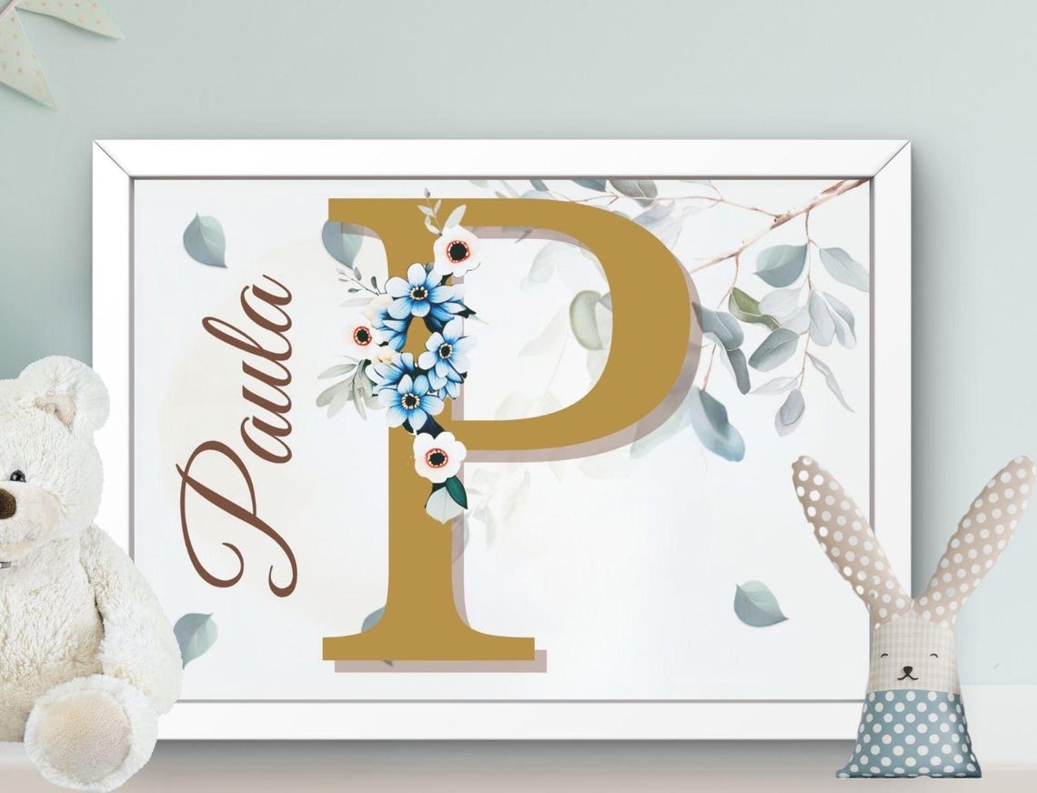 Paula Floral Letter P Gold Monogram Blue Flowers Nursery Print