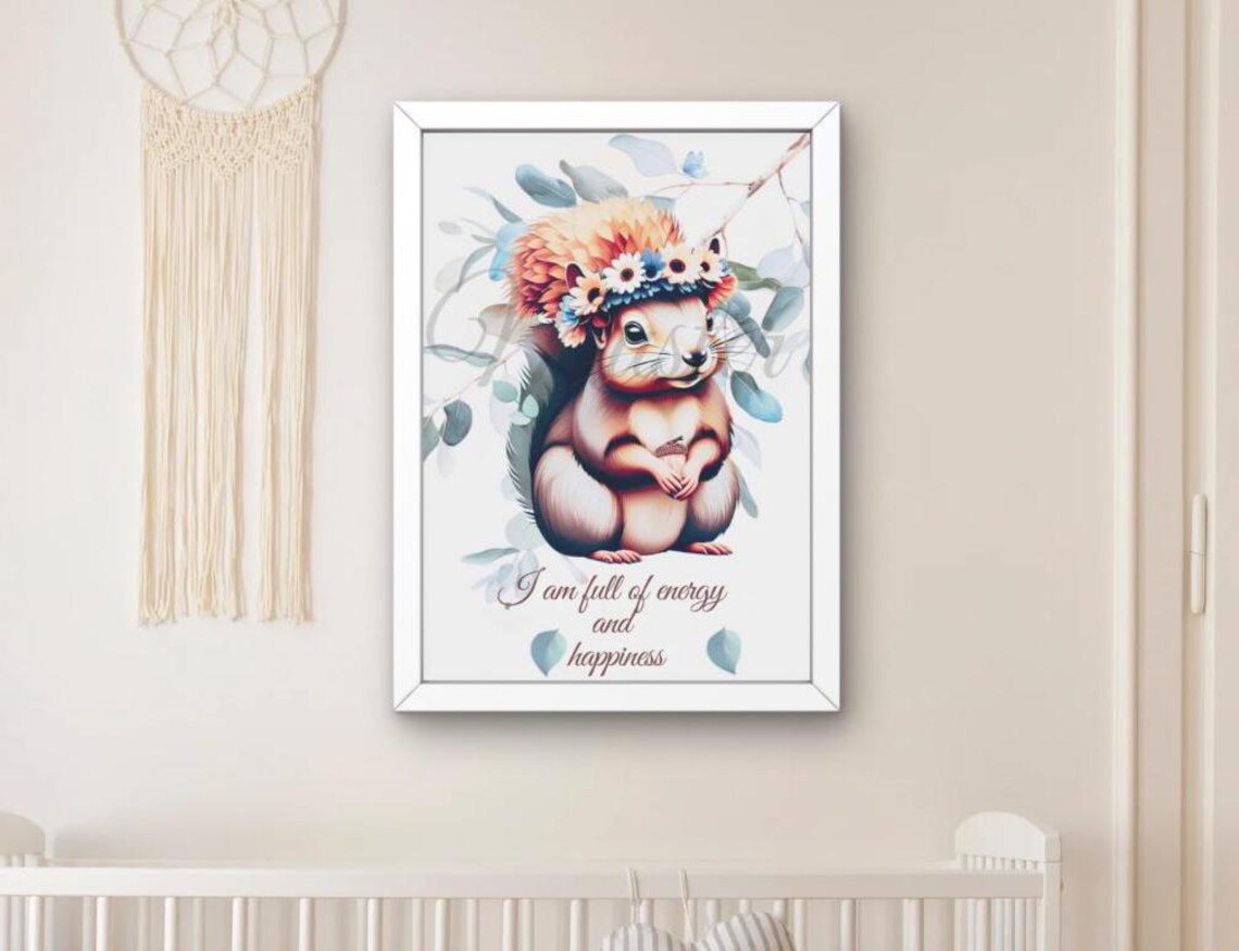 Baby Squirrel Flower Crown Energy Happiness Quote Nursery Wall Art
