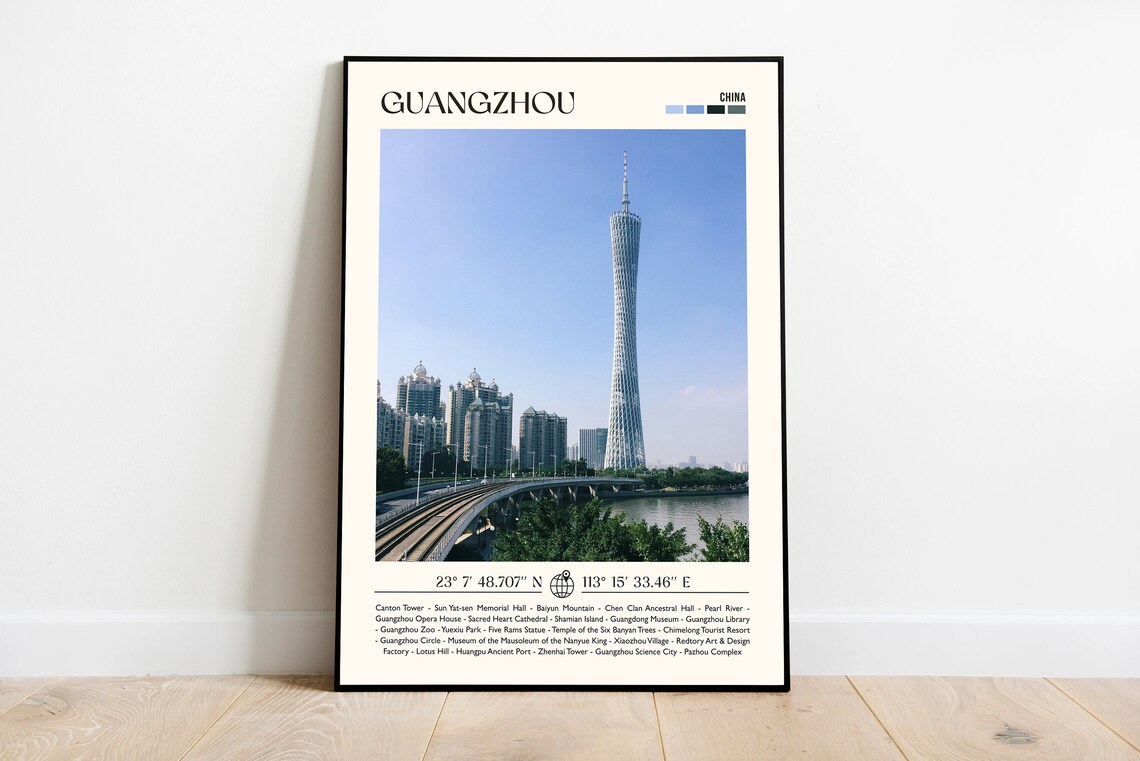 Guangzhou China Canton Tower Skyline Photo Poster With Landmark List