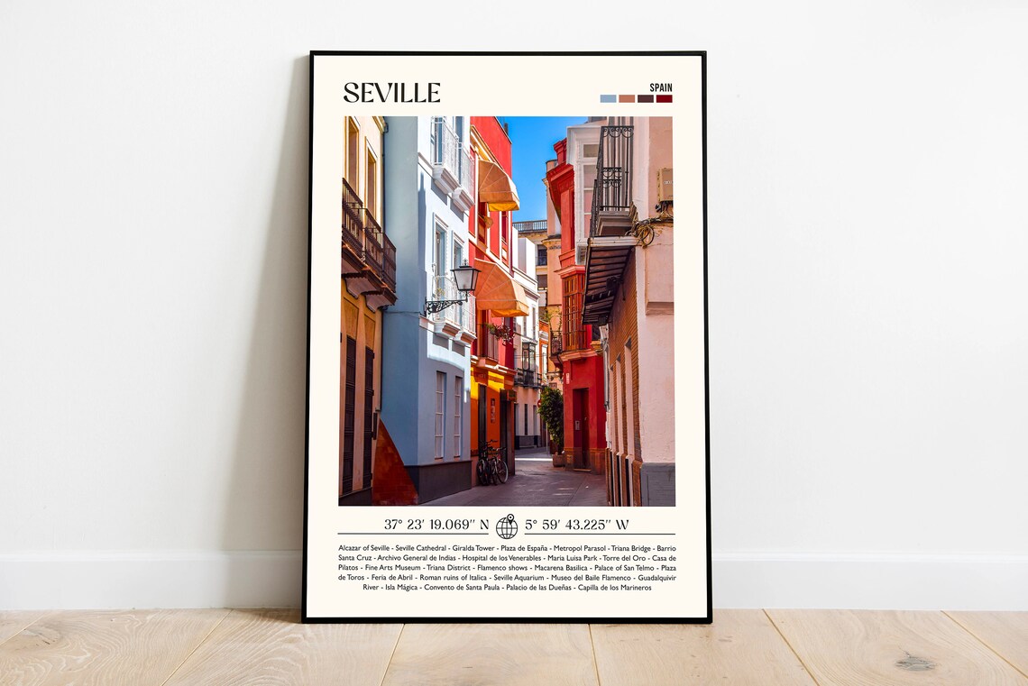 Seville Spain Colorful Old Town Street Coordinates Travel Poster
