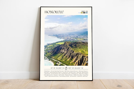 Honolulu Hawaii Diamond Head Crater Aerial Photography Poster