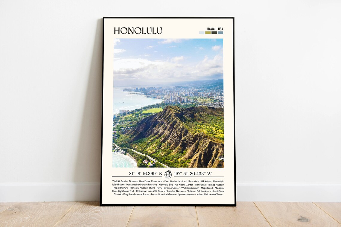 Honolulu Hawaii Diamond Head Crater Aerial Photography Poster
