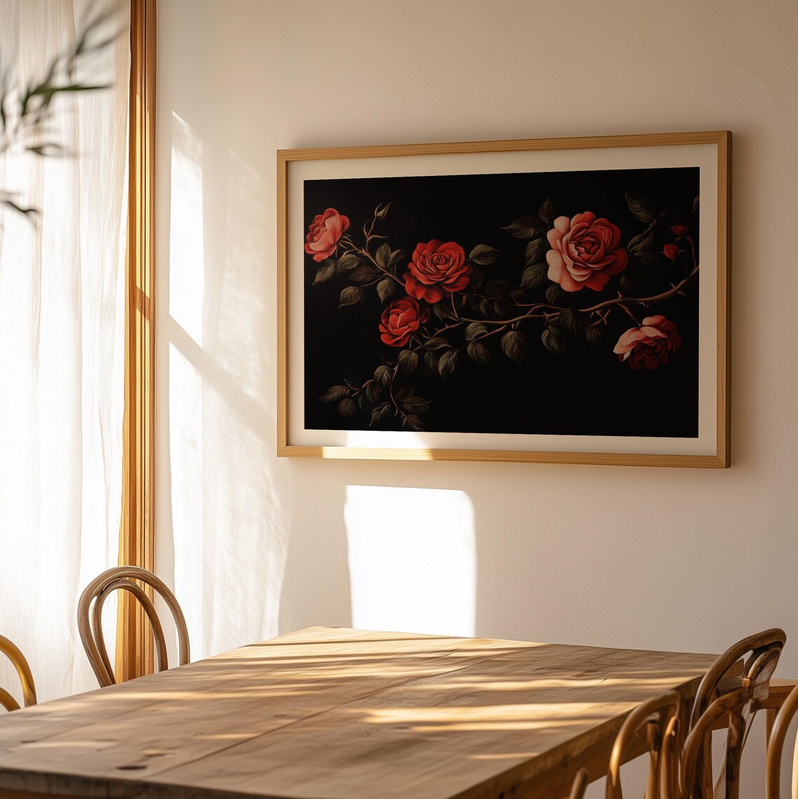 Classic Red Roses Thorny Vine Black Vintage Romantic Floral Art Poster - Image 2