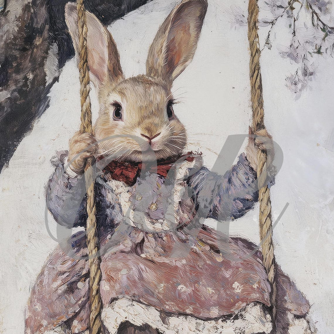 Vintage Easter Bunny On A Swing Print Cute Spring Rabbit Painting Wall Art Bunny In Purple Dress Prints Easter Decor - Image 5