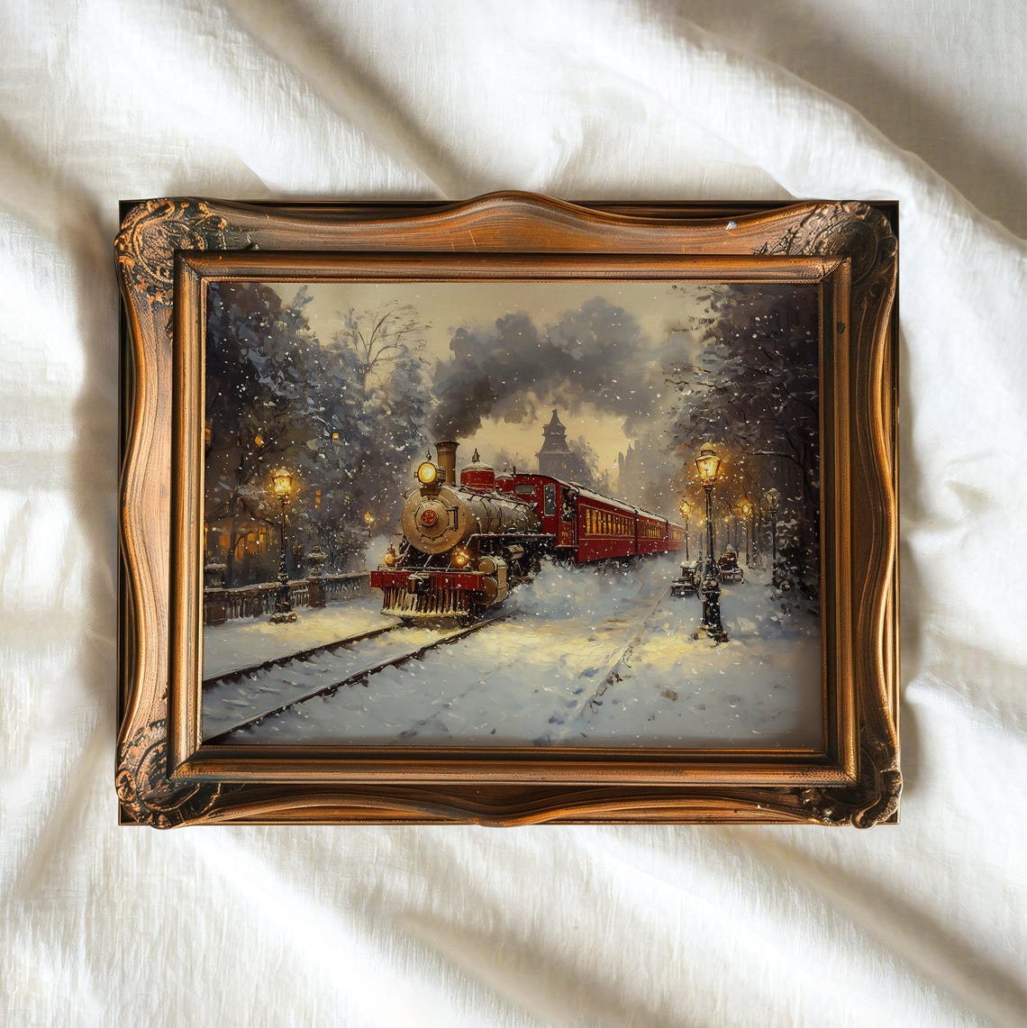Vintage Christmas Express Steam Train Snowy Station Night Scene Poster - Image 2