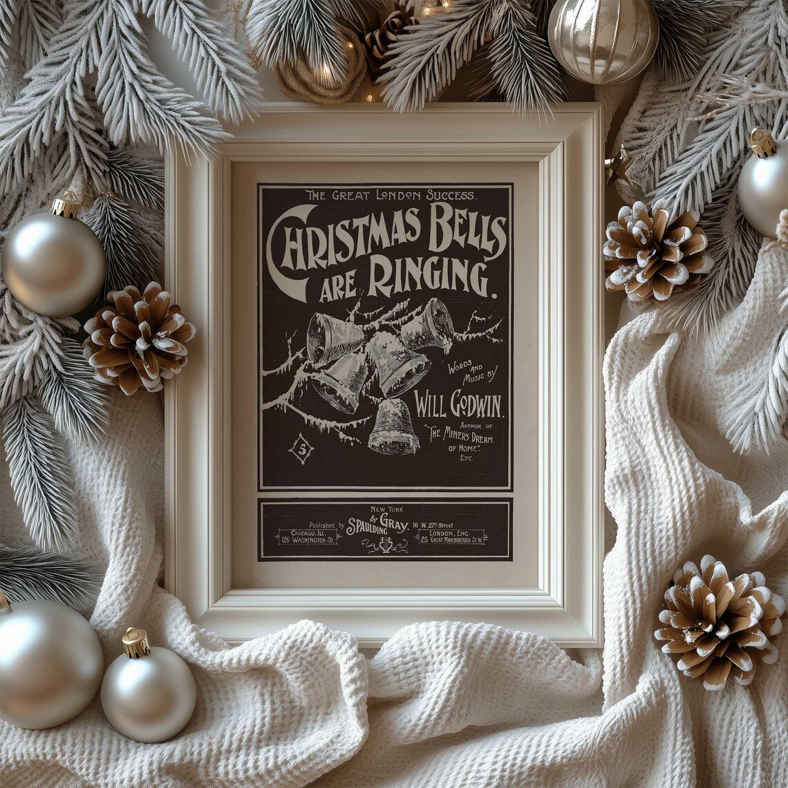 Christmas Bells Are Ringing Antique Sheet Music Cover Black Art Poster - Image 3