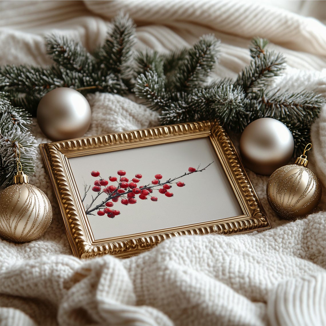 Red Berry Twig Watercolor Minimalist Neutral Winter Holiday Art Print - Image 4
