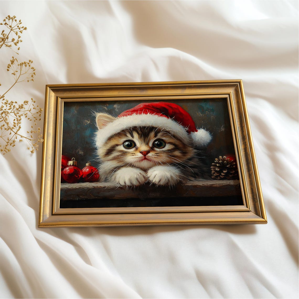 Cute Tabby Kitten In Santa Hat Christmas Vintage Oil Painting Poster - Image 2