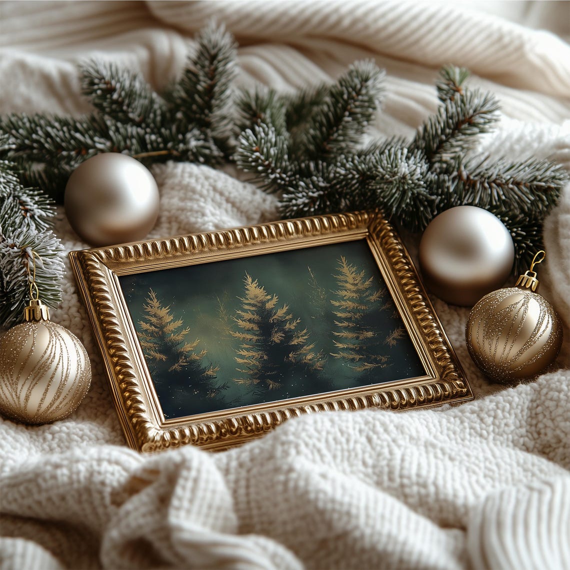 Golden Evergreen Forest Moody Dark Green Winter Trees Vintage Poster - Image 4