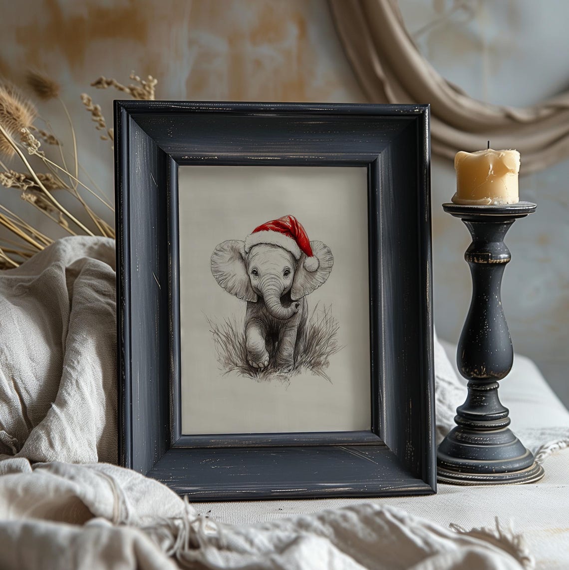 Cute Baby Elephant With Santa Hat Sketch Neutral Christmas Nursery Decor Winter Wall Art Vintage Elephant Drawing Print - Image 3