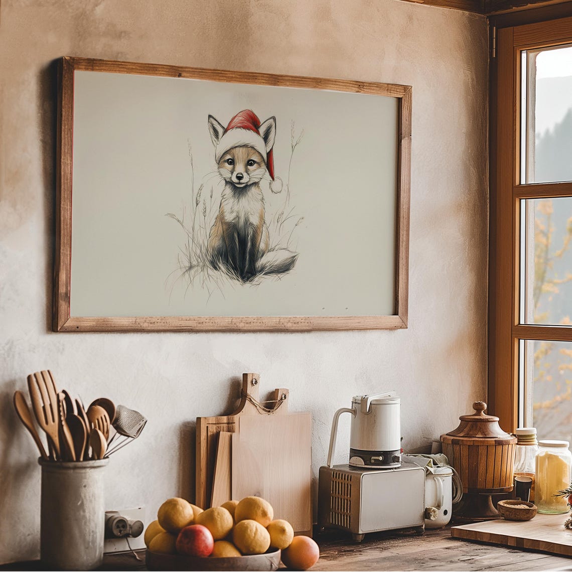 Vintage Fox With Santa Hat Sketch Frame Tv Art Neutral Christmas Nursery Holiday Decor Winter Frame Tv Cute Baby Fox Drawing - Image 3