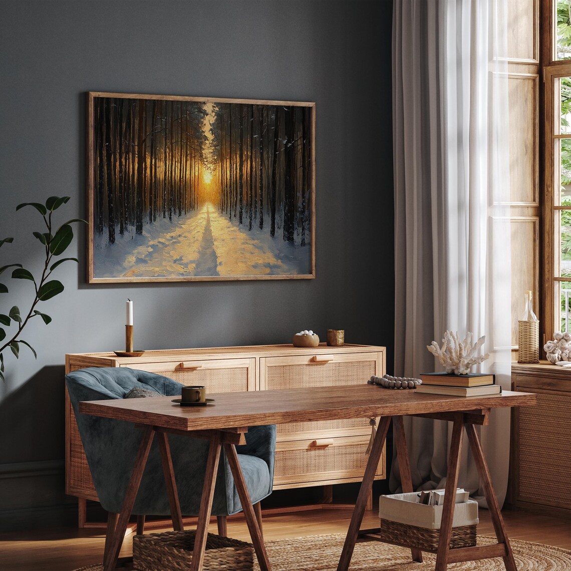 Winter Forest Avenue Golden Sunset Snowy Path Dramatic Frame TV Art Poster - Image 3