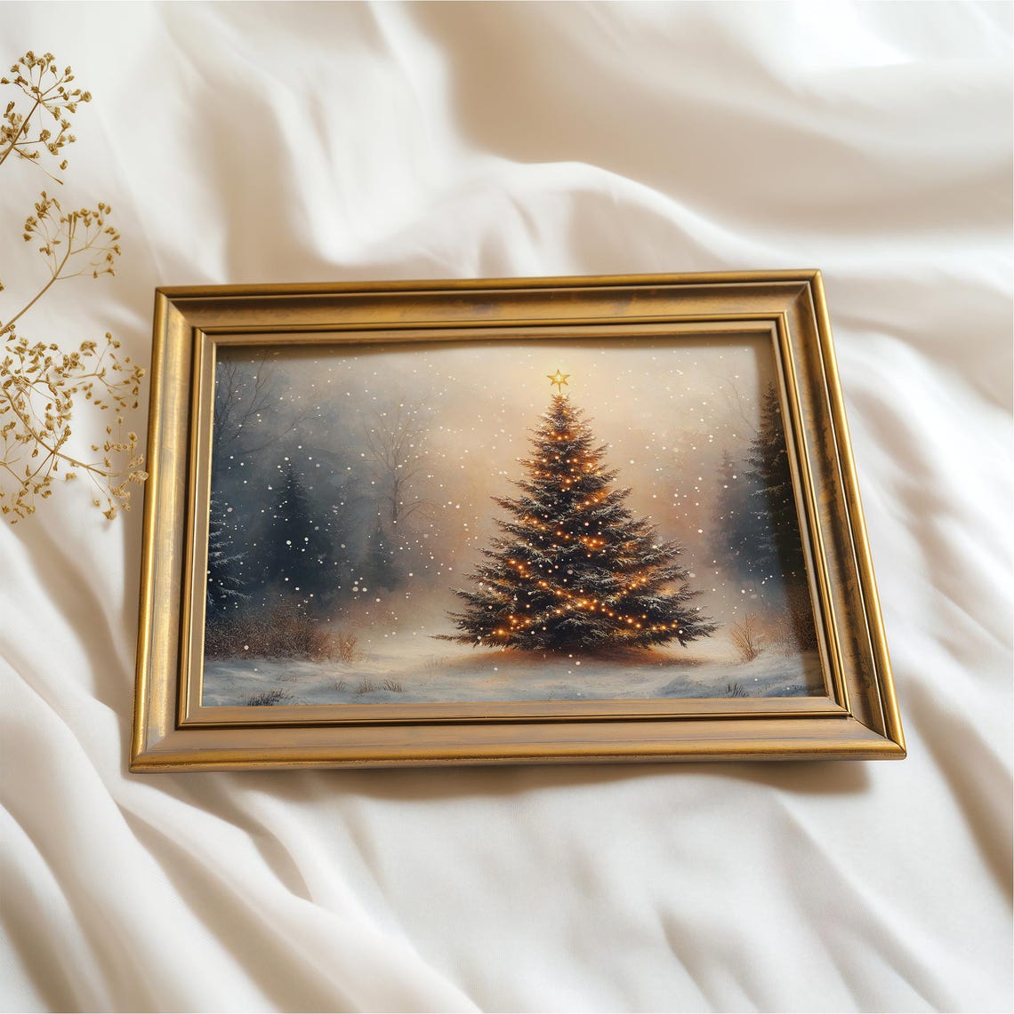 Lit Christmas Tree In Snowy Forest Vintage Holiday Painting Art Poster - Image 2