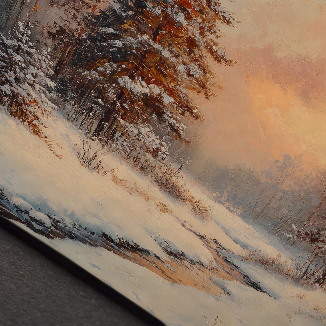 Vintage Winter Pine Forest Sunset Stream Snowy Landscape Oil Poster - Image 5